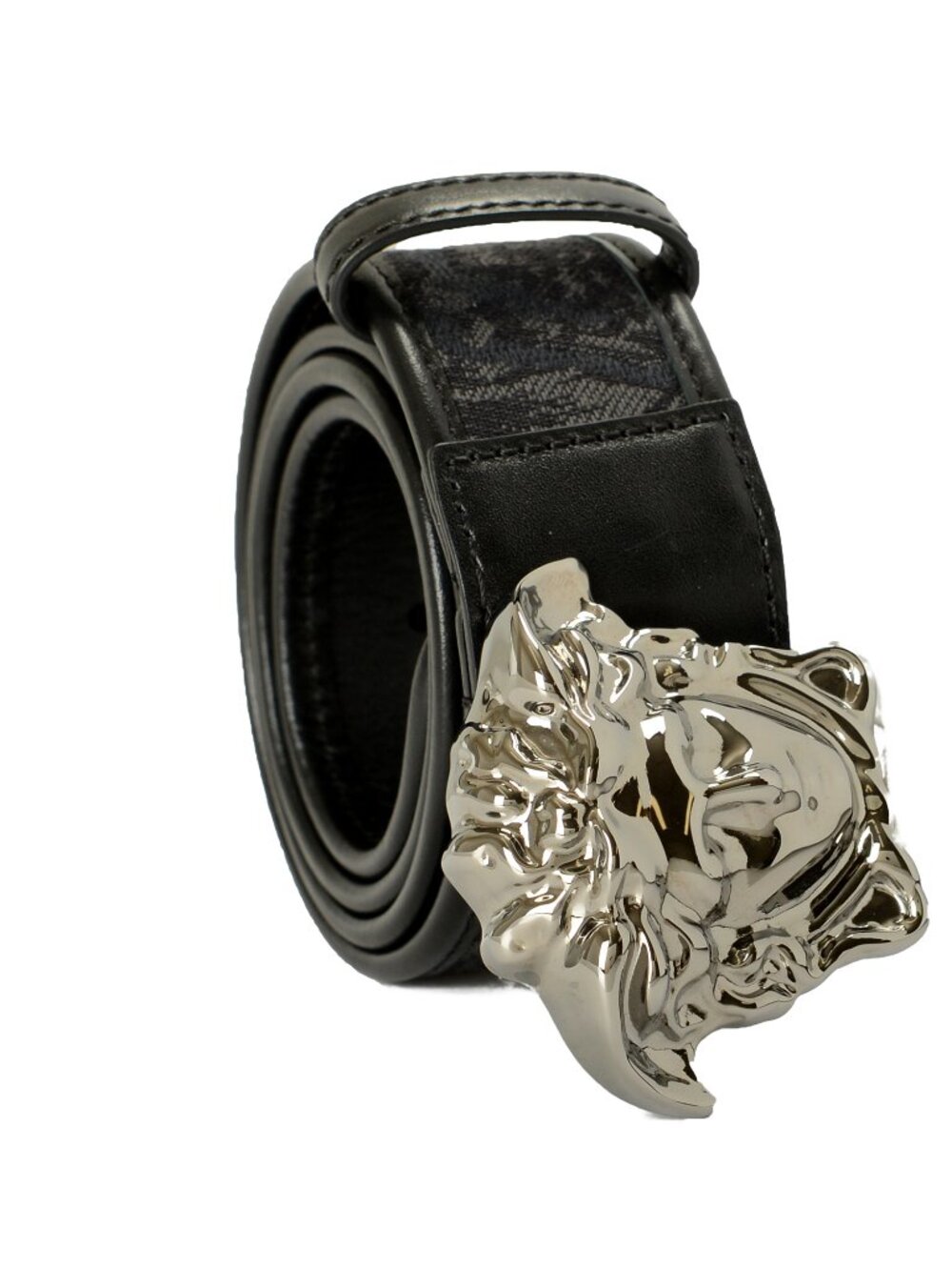 Versace Black Jacquard Leather Canvas Silver Medusa Head Buckle Belt US 34 IT 85